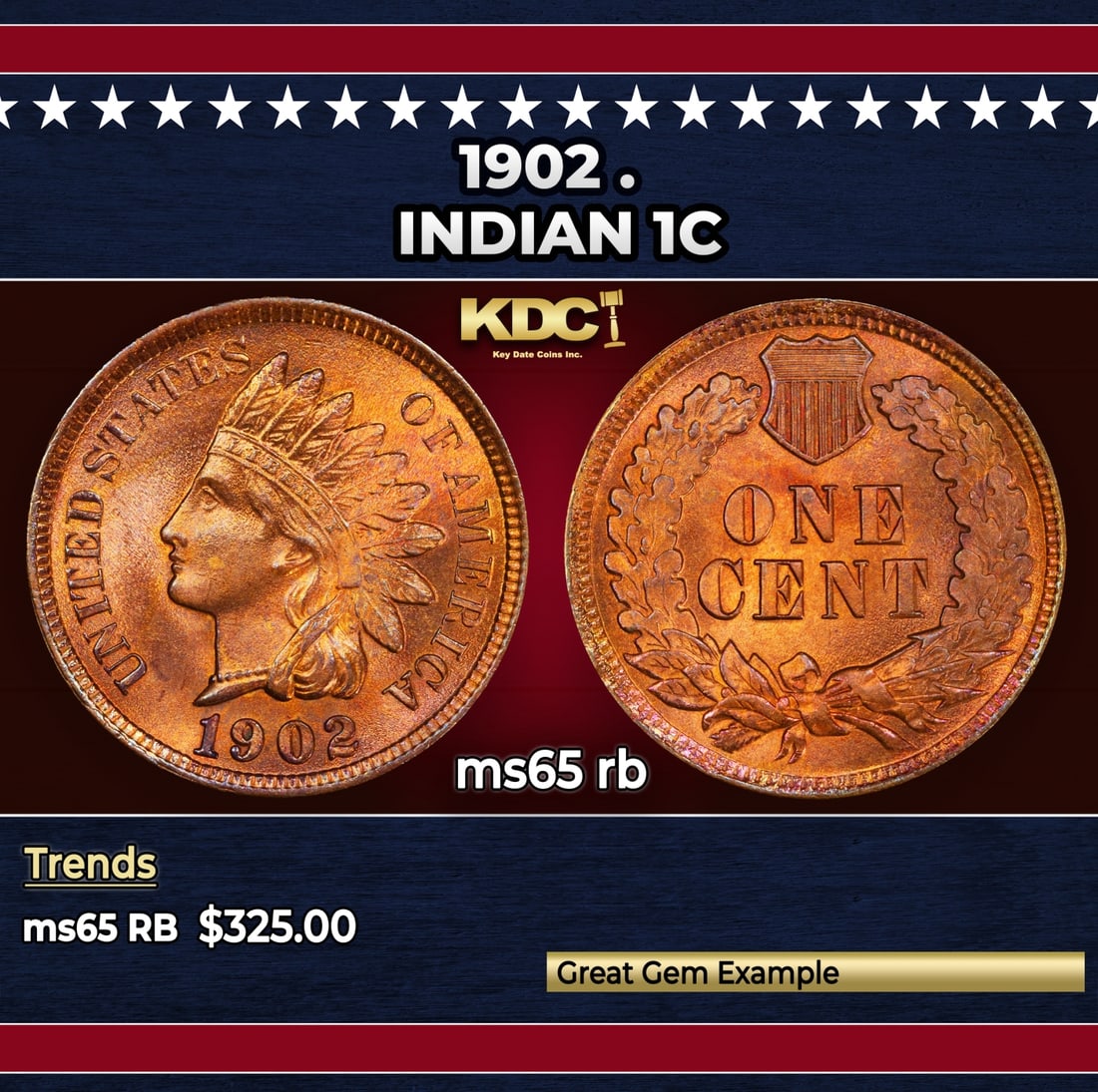 1902 Indian Cent . 1c Grades ms65 rb: 1902 . Indian Cent 1c Grades ms65 rb. Historic precious metal trends is causing increased spot pricing by the day. On auctions with set openings, we are doing our best to have items priced at their ma