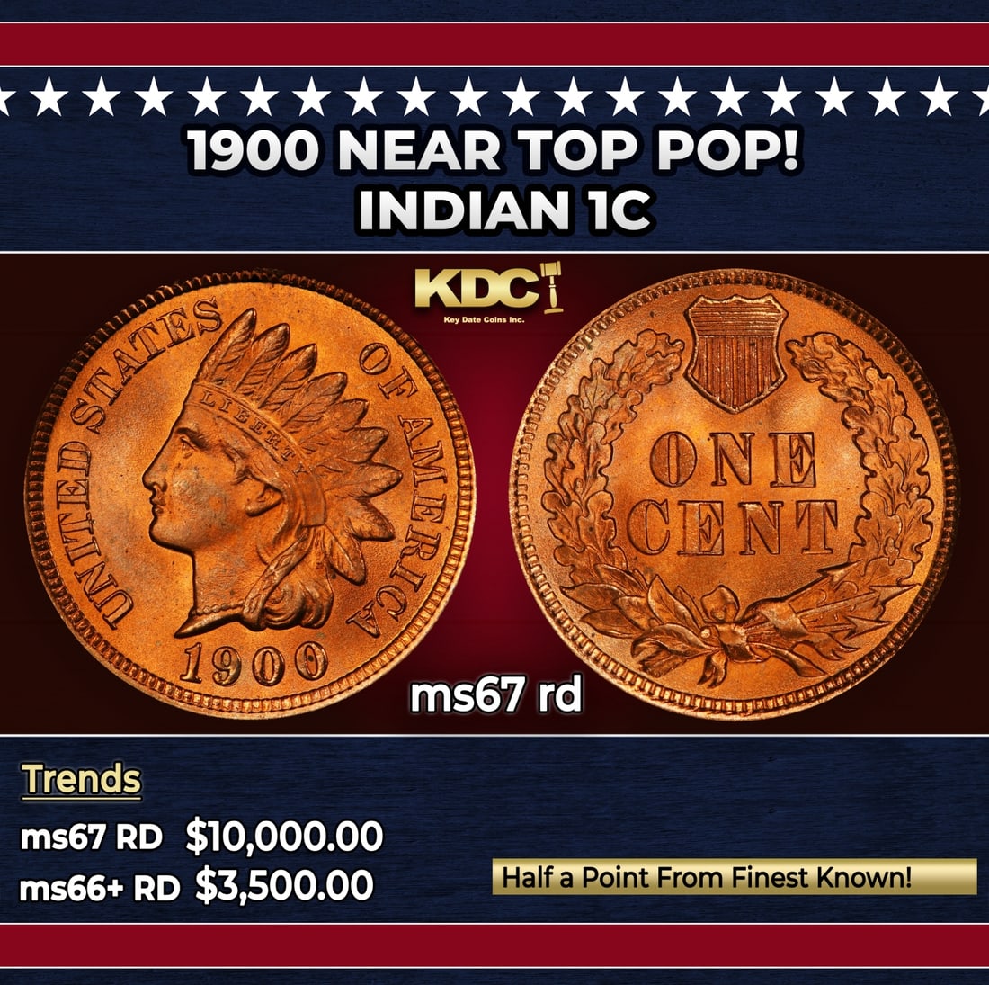 1900 Indian Cent Near Top Pop! 1c ms67 rd SEGS: 1900 Near Top Pop! Indian Cent 1c ms67 rd SEGS. Historic precious metal trends is causing increased spot pricing by the day. On auctions with set openings, we are doing our best to have items priced a
