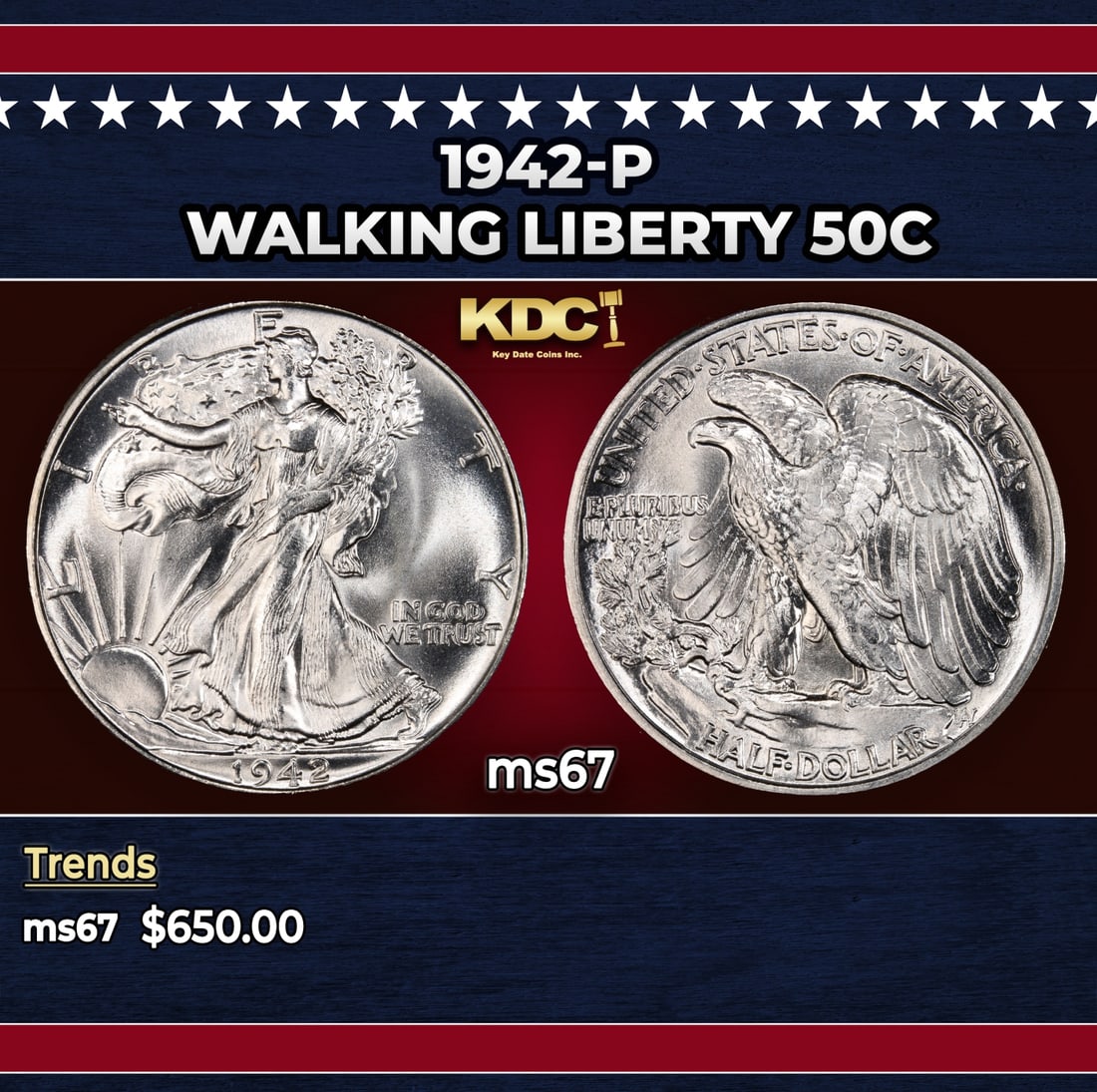 1942-p Walking Liberty Half Dollar 50c ms67 SEGS: 1942-p Walking Liberty Half Dollar 50c ms67 SEGS. Historic precious metal trends is causing increased spot pricing by the day. On auctions with set openings, we are doing our best to have items priced