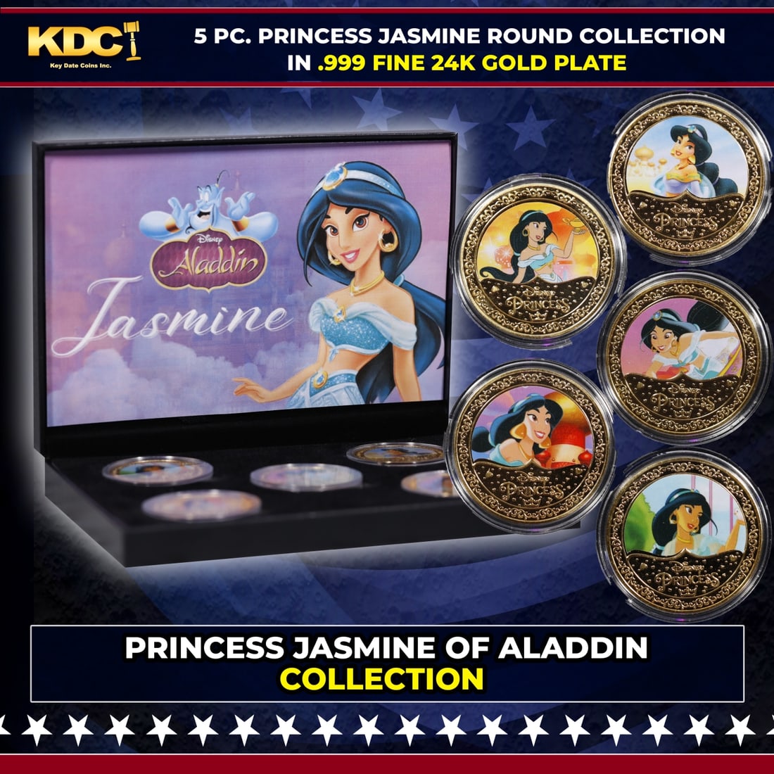 5 Coin Aladdin Princess Jasmine Gold Plated Round Collection In Custom Box W/ Special Backer card: 5 Coin Aladdin Princess Jasmine Gold Plated Round Collection In Custom Box W/ Special Backer card. Please Note All Backer Cards may have slight differences but will be very similar if not identical to