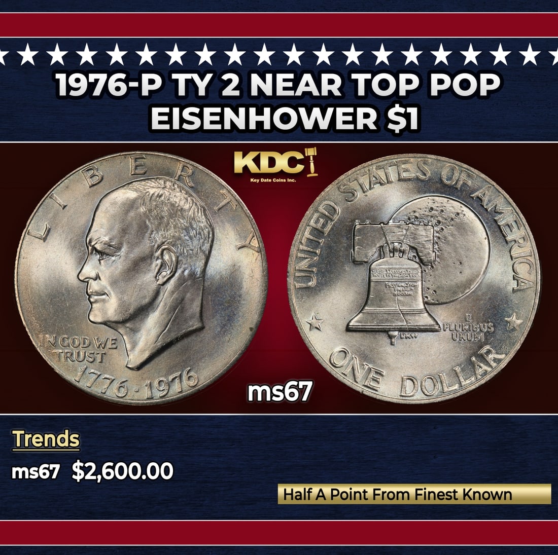 1976-p Ty 2 Eisenhower Dollar Near Top Pop $1 ms67 SEGS: 1976-p Ty 2 Near Top Pop Eisenhower Dollar $1 ms67 SEGS. Historic precious metal trends is causing increased spot pricing by the day. On auctions with set openings, we are doing our best to have items