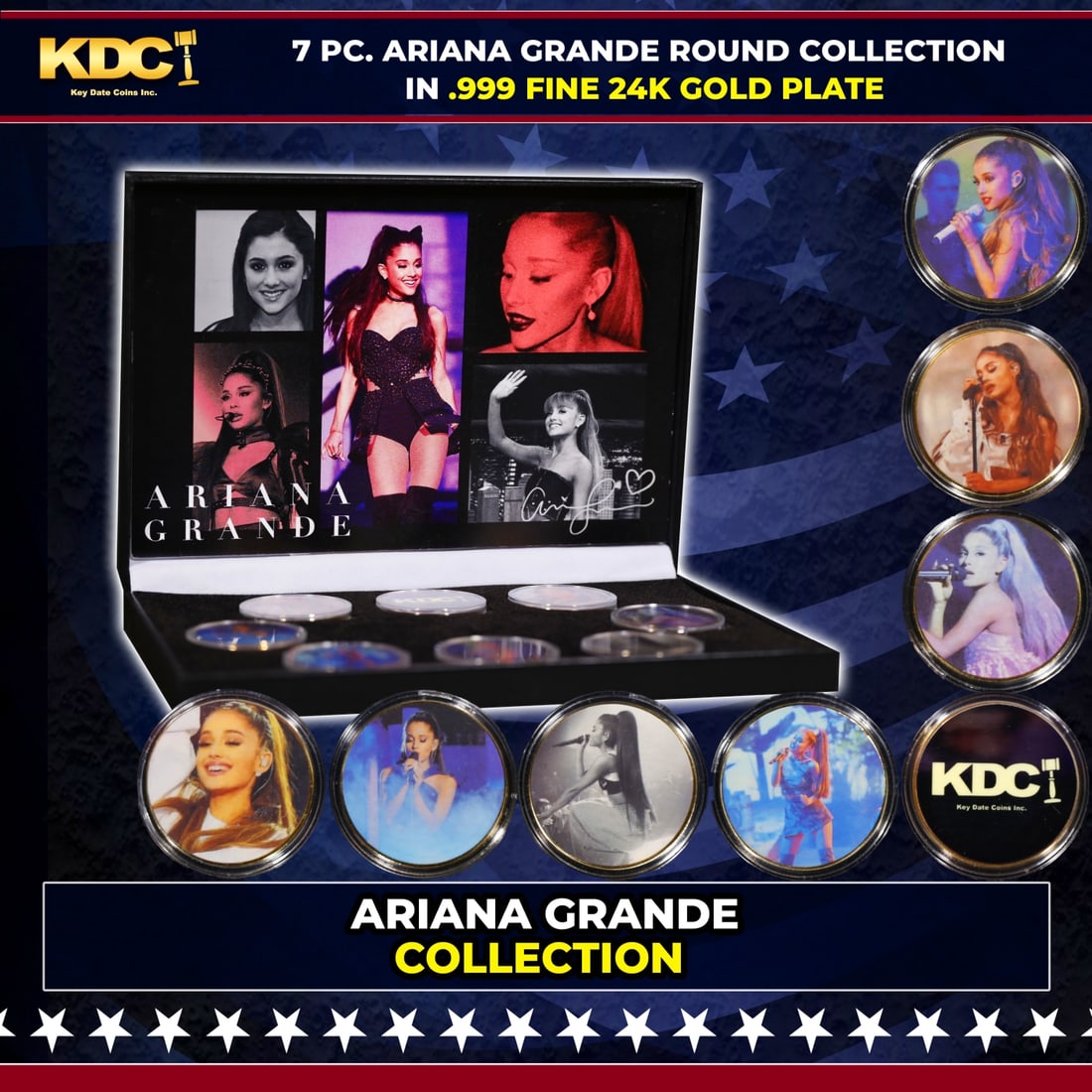 7 Coin Ariana Grande 24k Gold Plated Round Collection B In Custom Box W/ Special Backer card: 7 Coin Ariana Grande 24k Gold Plated Round Collection B In Custom Box W/ Special Backer card. Please Note All Backer Cards may have slight differences but will be very similar if not identical to the