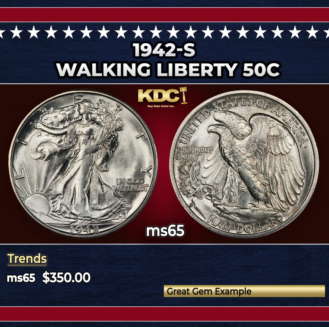 1942-s Walking Liberty Half Dollar 50c Grades ms65: 1942-s Walking Liberty Half Dollar 50c Grades ms65. Historic precious metal trends is causing increased spot pricing by the day. On auctions with set openings, we are doing our best to have items pric