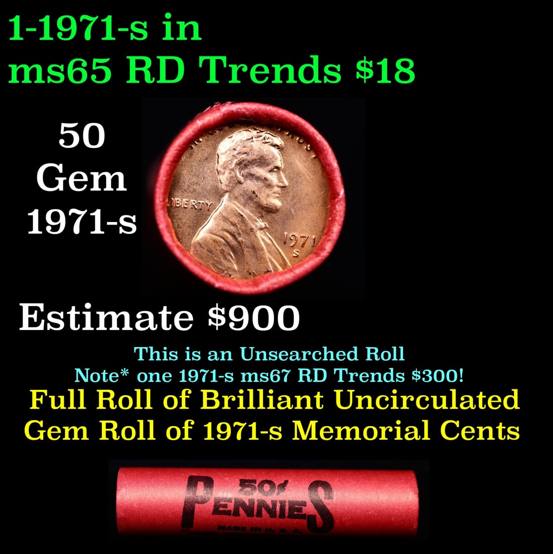 BU Shotgun Lincoln 1c roll, 1971-s 50 pcs Bank Wrapper 50c: BU Shotgun Lincoln 1c roll, 1971-s 50 pcs Bank Wrapper 50c. A terrific Shotgun roll of Lincoln cents in a Bank wrapper. Most if not all coins should be cherry red.Historic precious metal trends is cau