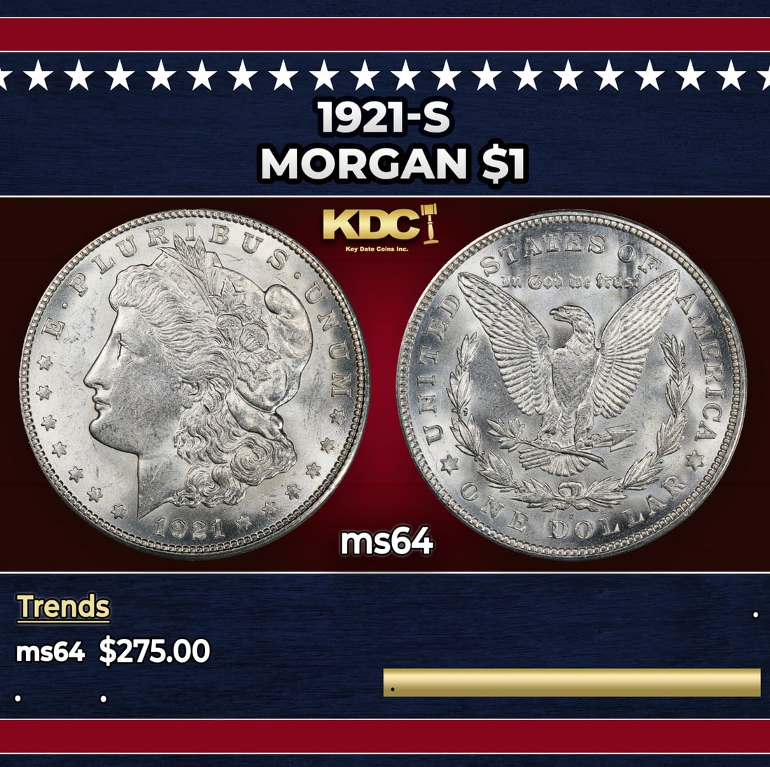 1921-s Morgan Dollar $1 Grades ms64: 1921-s Morgan Dollar $1 Grades ms64. Historic precious metal trends is causing increased spot pricing by the day. On auctions with set openings, we are doing our best to have items priced at their mar