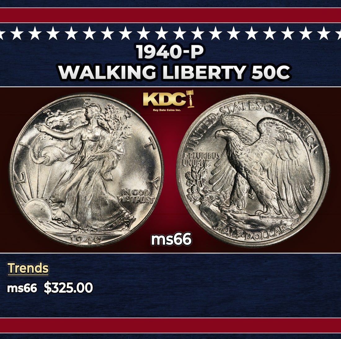 1940-p Walking Liberty Half Dollar 50c Grades ms66: 1940-p Walking Liberty Half Dollar 50c Grades ms66. Historic precious metal trends is causing increased spot pricing by the day. On auctions with set openings, we are doing our best to have items pric