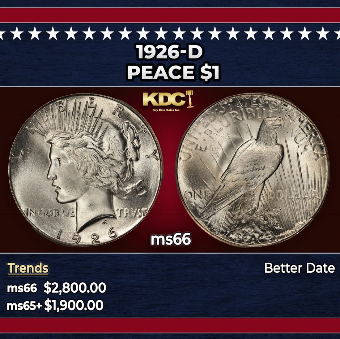1926-d Peace Dollar $1 ms66 SEGS: 1926-d Peace Dollar $1 ms66 SEGS. Historic precious metal trends is causing increased spot pricing by the day. On auctions with set openings, we are doing our best to have items priced at their market