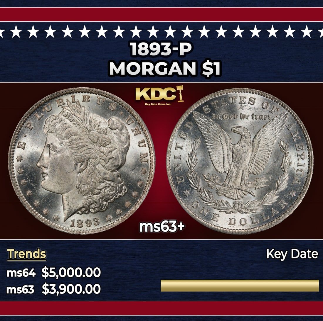 1893-p Morgan Dollar $1 ms63+ USCG: 1893-p Morgan Dollar $1 ms63+ USCG. Historic precious metal trends is causing increased spot pricing by the day. On auctions with set openings, we are doing our best to have items priced at their mark