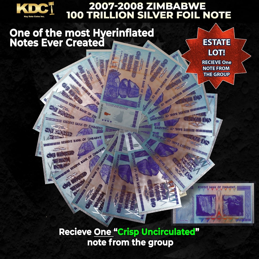 1x 2007-2008 Zimbabwe 100 Trillion Hyperinflation Silver Foil Note Grades CU: 1x 2007-2008 Zimbabwe 100 Trillion Hyperinflation Silver Foil Note Grades CU. Hyperinflation in Zimbabwe is an ongoing crisis. While yearly inflation was often measured in the hundreds of percentage p