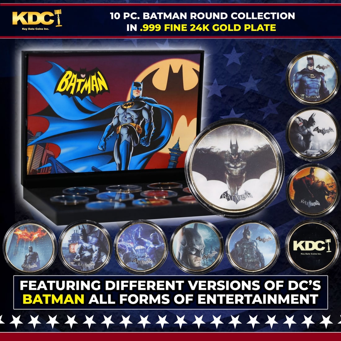 10 Coin DC Batman Gold Plated Round Collection In Custom Box W/ Special Backer card: 10 Coin DC Batman Gold Plated Round Collection In Custom Box W/ Special Backer card. Please Note All Backer Cards may have slight differences but will be very similar if not identical to the one in th
