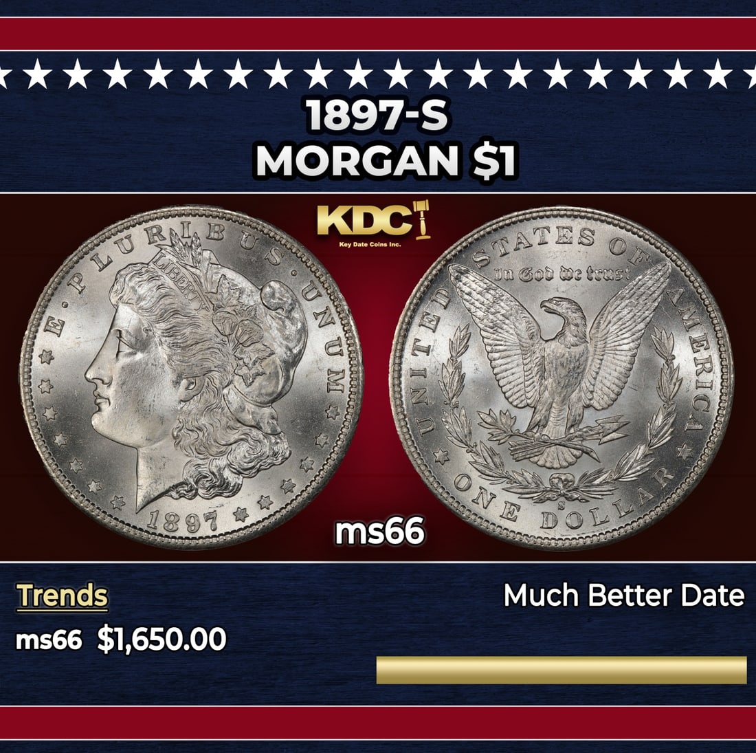 1897-s Morgan Dollar $1 ms66 SEGS: 1897-s Morgan Dollar $1 ms66 SEGS. Historic precious metal trends is causing increased spot pricing by the day. On auctions with set openings, we are doing our best to have items priced at their marke