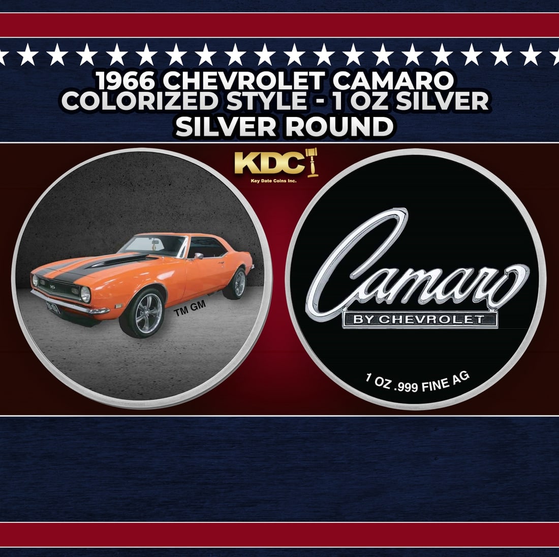 1966 Chevrolet Camaro Colorized Style - 1 oz Silver Round Round: 1966 Chevrolet Camaro Colorized Style - 1 oz Silver Round. Now you can own this classic Chevy on a 1oz colorized silver round. The front features a fully colorized photo and the reverse features a dep