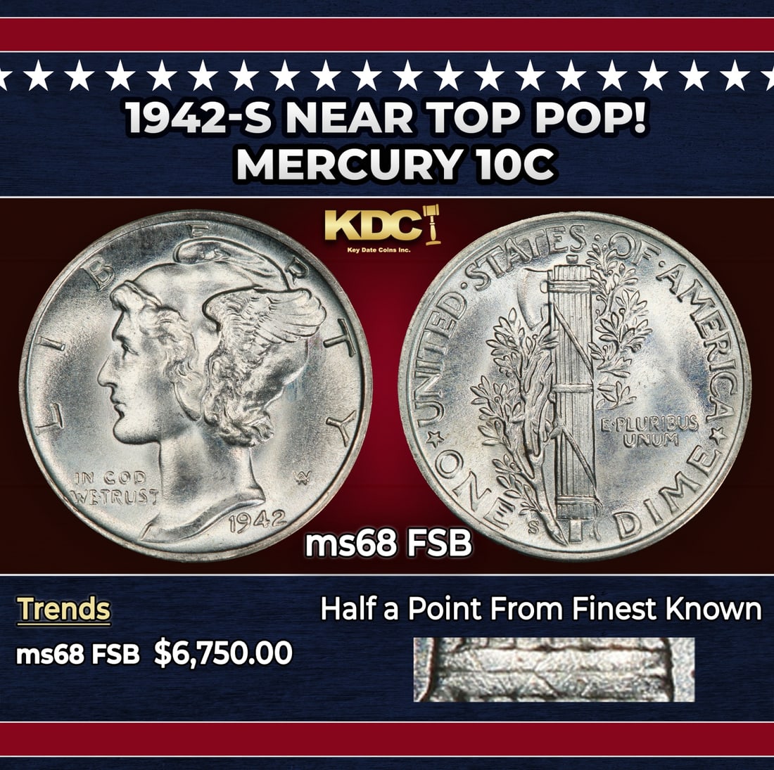 1942-s Mercury Dime Near Top Pop! 10c ms68 FSB SEGS: 1942-s Near Top Pop! Mercury Dime 10c ms68 FSB SEGS. Historic precious metal trends is causing increased spot pricing by the day. On auctions with set openings, we are doing our best to have items pri