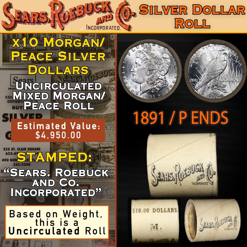 Mixed Morgan/Peace SEARS UNC Dollar $1 Roll 10 1891/'P' Peace Ends: Mixed Morgan/Peace SEARS UNC Dollar $1 Roll 10 1891/'P' Peace Ends. Up For Auction is a 71- Mixed Morgan/Peace SEARS UNC Dollar $1 Roll 10 1891/Peace Ends Roll Weighing 270.4 g Based On this weight th