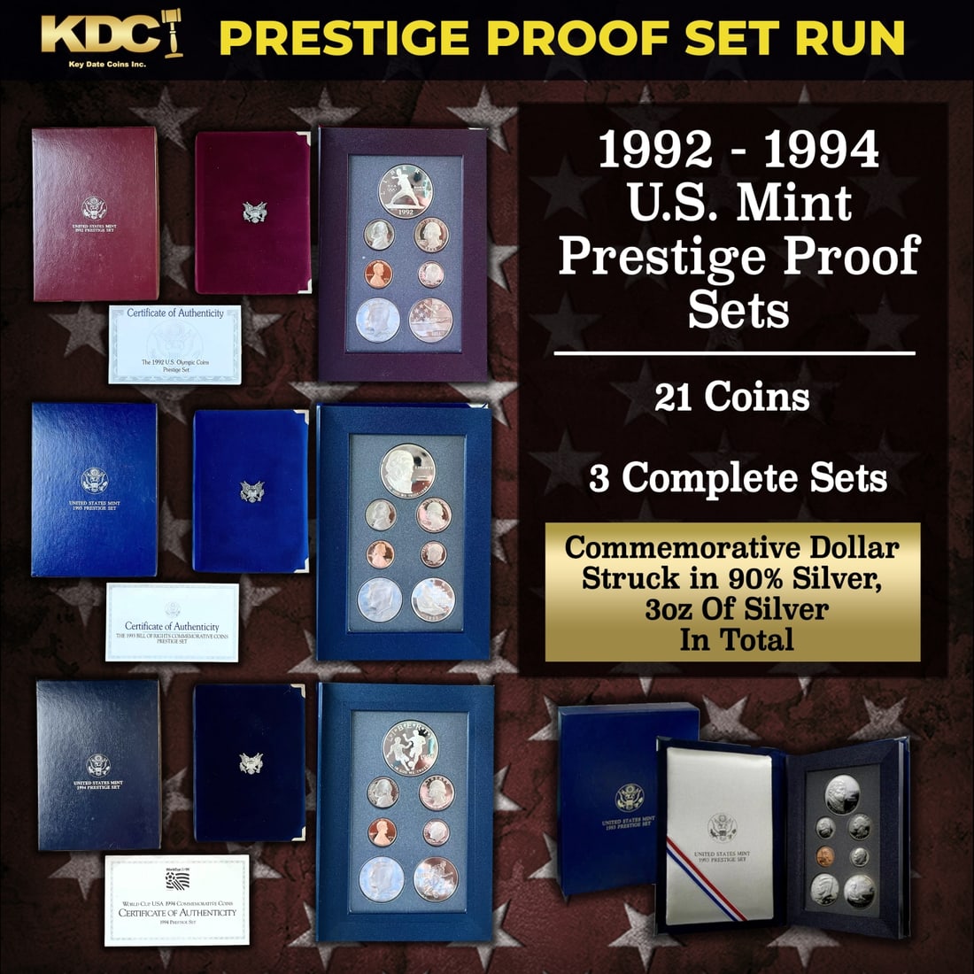1992-1994 US Mint Prestige Proof Sets - 21 Coins, 3 Complete Sets: 1992-1994 US Mint Prestige Proof Sets - 21 Coins, 3 Complete Sets. 1992-1994 US Mint Prestige Proof Sets - 21 Coins, 3 Complete Sets. In 1983, the mint released a special mint set containing a commemo