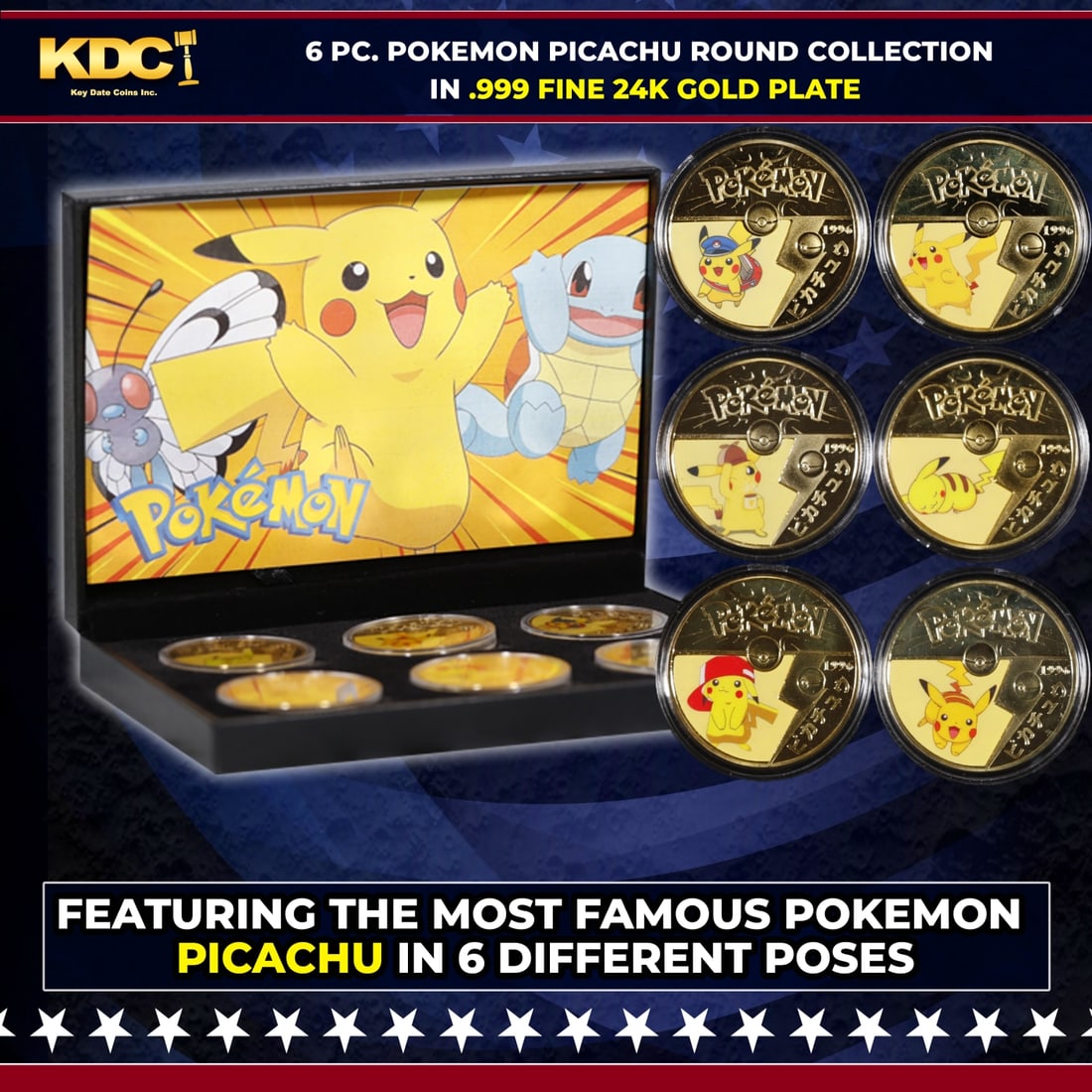 6 Coin Pokemon - Picachu Plated Gold Round Collection In Custom Box W/ Special Backer card: 6 Coin Pokemon - Picachu Plated Gold Round Collection In Custom Box W/ Special Backer card. Please Note All Backer Cards may have slight differences but will be very similar if not identical to the on