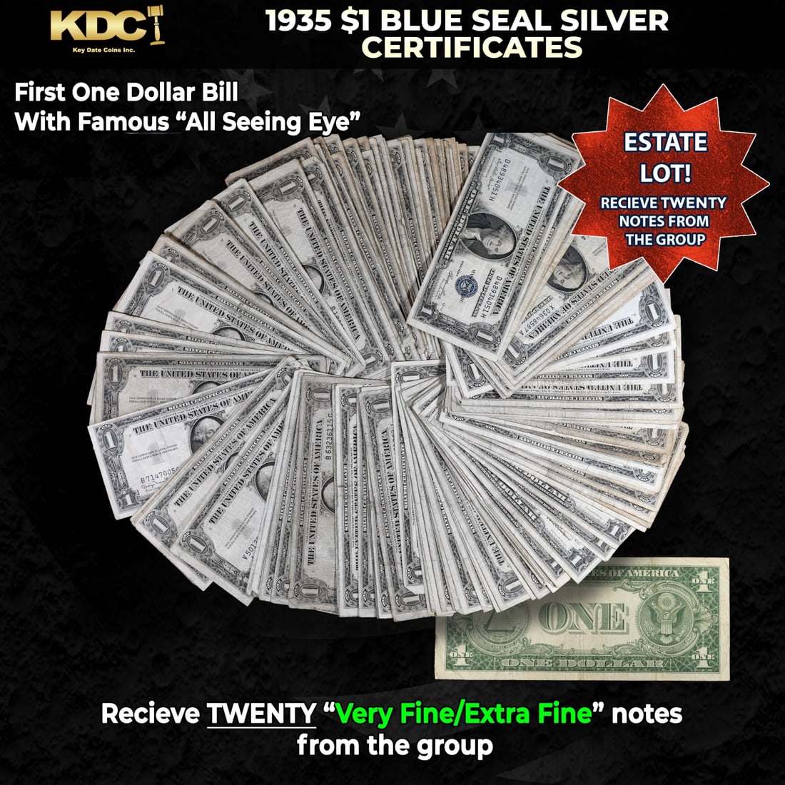 20x 1935 $1 Blue Seal Silver Certificates Grades VF/XF: 20x 1935 $1 Blue Seal Silver Certificates Grades VF/XF. Silver Certificates were redeemable in Silver. One of their most distinctive qualities is the blue Treasury seal and serial numbers. These notes