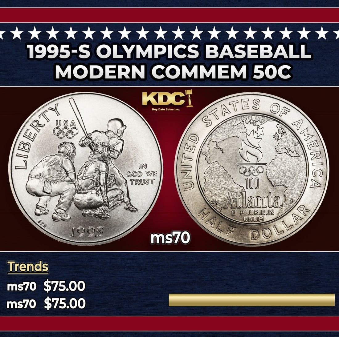 1995-s Olympics Baseball Modern Commem Half Dollar 50c ms70 SEGS: 1995-s Olympics Baseball Modern Commem Half Dollar 50c ms70 SEGS. Historic precious metal trends is causing increased spot pricing by the day. On auctions with set openings, we are doing our best to h