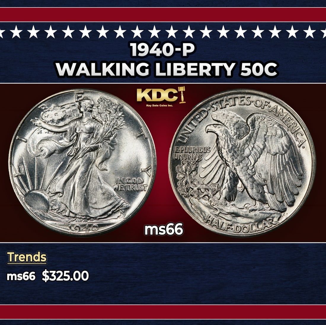 1940-p Walking Liberty Half Dollar 50c Grades ms66: 1940-p Walking Liberty Half Dollar 50c Grades ms66. Historic precious metal trends is causing increased spot pricing by the day. On auctions with set openings, we are doing our best to have items pric
