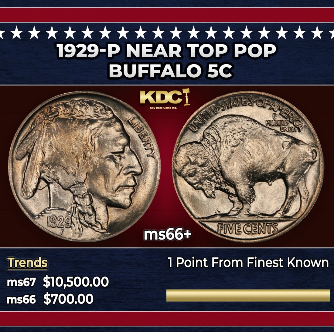 1929-p Buffalo Nickel Near Top Pop 5c ms66+ SEGS: 1929-p Near Top Pop Buffalo Nickel 5c ms66+ SEGS. Historic precious metal trends is causing increased spot pricing by the day. On auctions with set openings, we are doing our best to have items priced