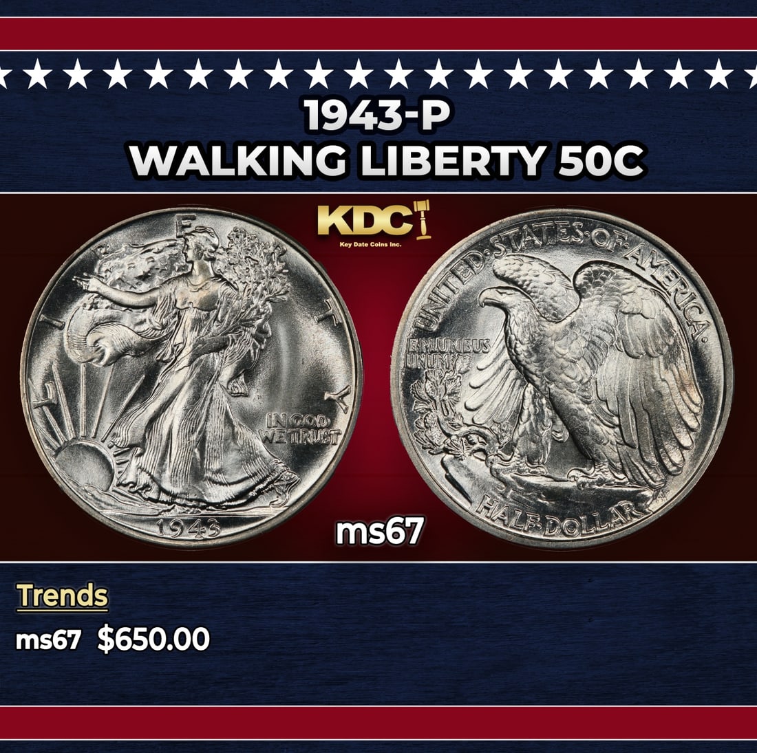 1943-p Walking Liberty Half Dollar 50c ms67 SEGS: 1943-p Walking Liberty Half Dollar 50c ms67 SEGS. Historic precious metal trends is causing increased spot pricing by the day. On auctions with set openings, we are doing our best to have items priced