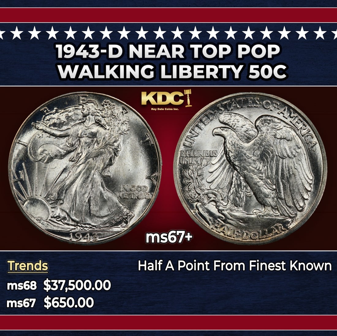 1943-d Walking Liberty Half Dollar Near Top Pop 50c ms67+ SEGS: 1943-d Near Top Pop Walking Liberty Half Dollar 50c ms67+ SEGS. Historic precious metal trends is causing increased spot pricing by the day. On auctions with set openings, we are doing our best to hav