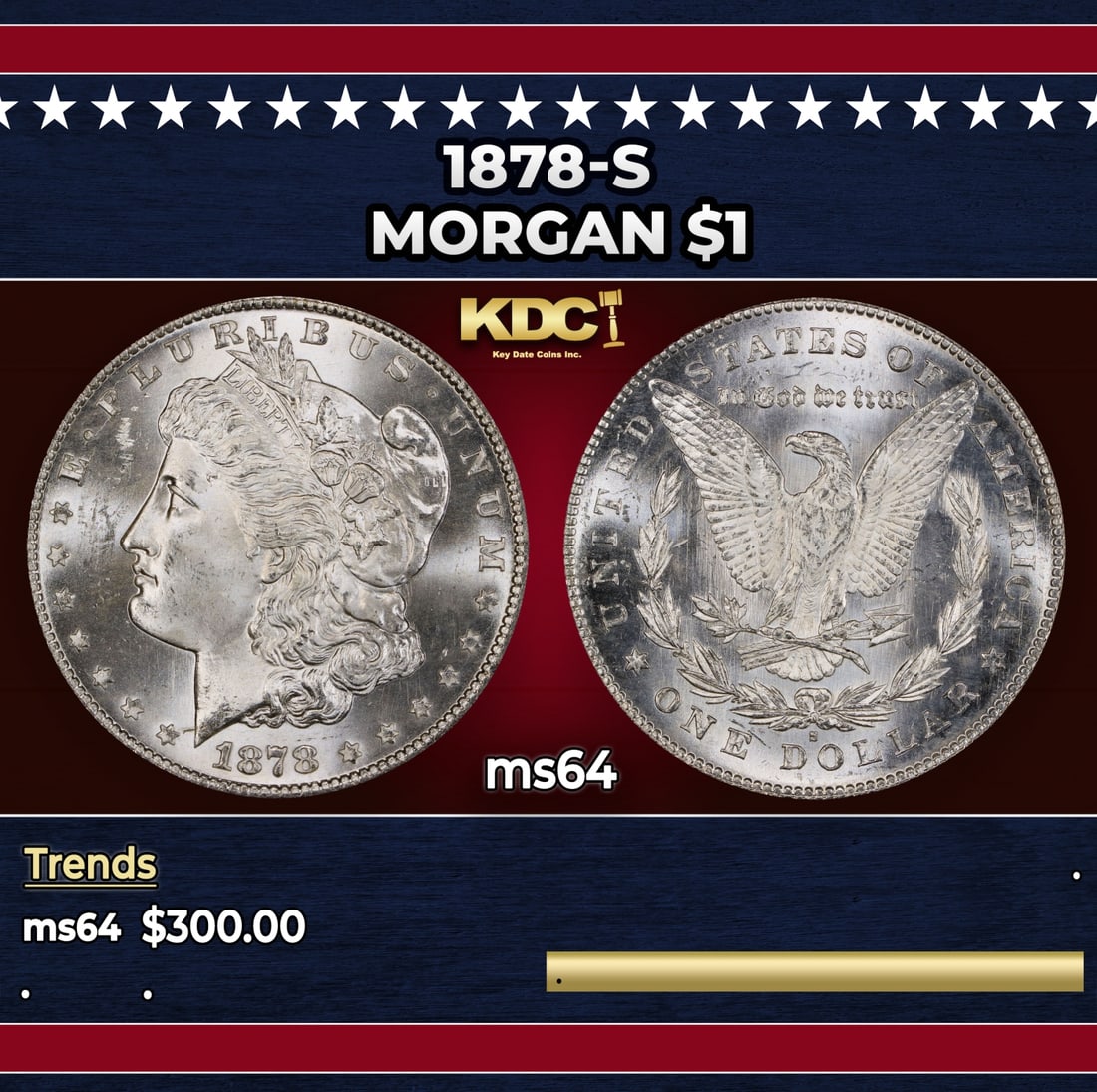 1878-s Morgan Dollar $1 Grades ms64: 1878-s Morgan Dollar $1 Grades ms64. Slightly better date. First year of issue. Historic precious metal trends is causing increased spot pricing by the day. On auctions with set openings, we are doing