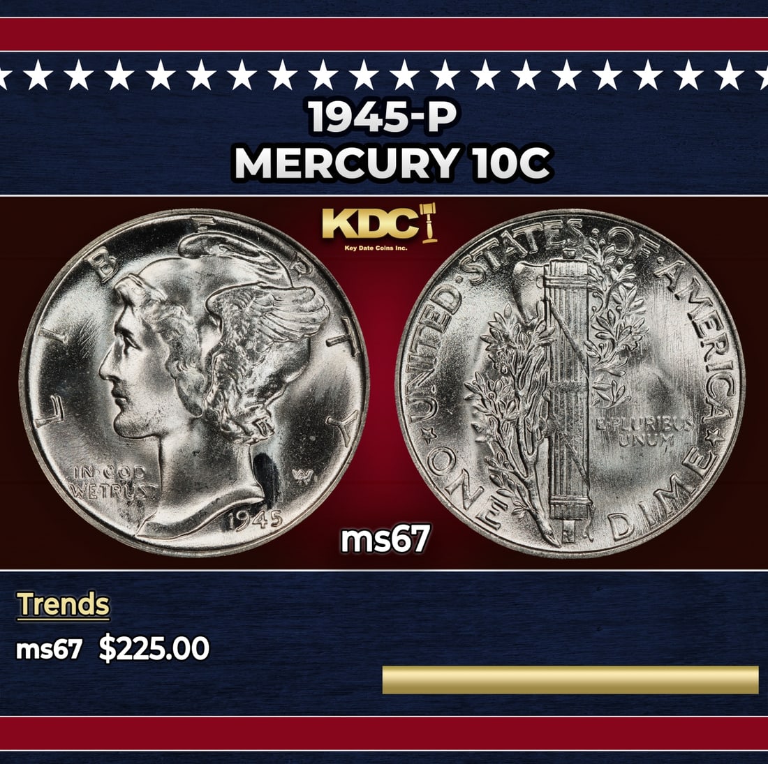 1945-p Mercury Dime 10c ms67 SEGS: 1945-p Mercury Dime 10c ms67 SEGS. Historic precious metal trends is causing increased spot pricing by the day. On auctions with set openings, we are doing our best to have items priced at their marke