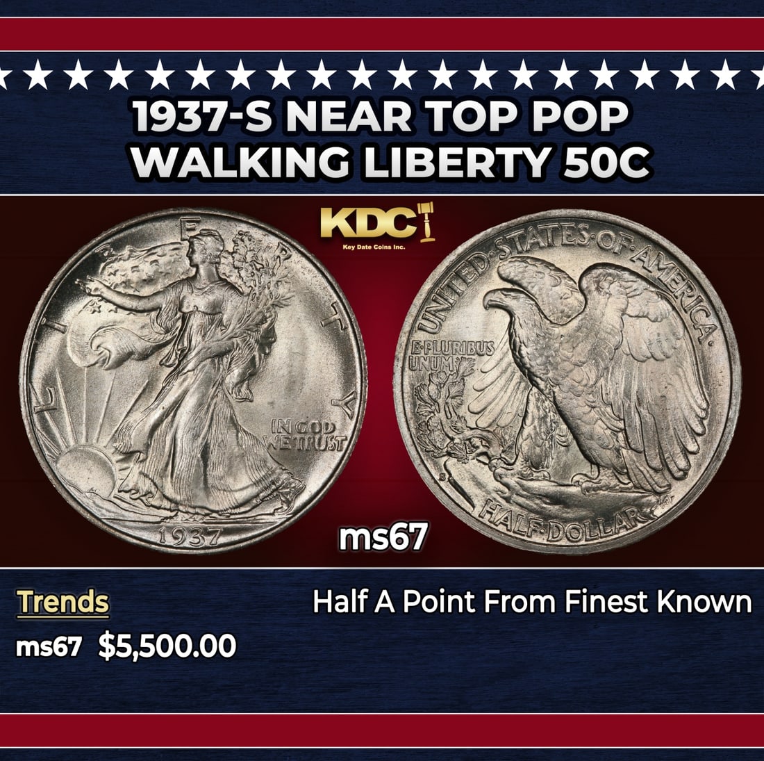 1937-s Walking Liberty Half Dollar Near Top Pop 50c ms67 SEGS: 1937-s Near Top Pop Walking Liberty Half Dollar 50c ms67 SEGS. Historic precious metal trends is causing increased spot pricing by the day. On auctions with set openings, we are doing our best to have