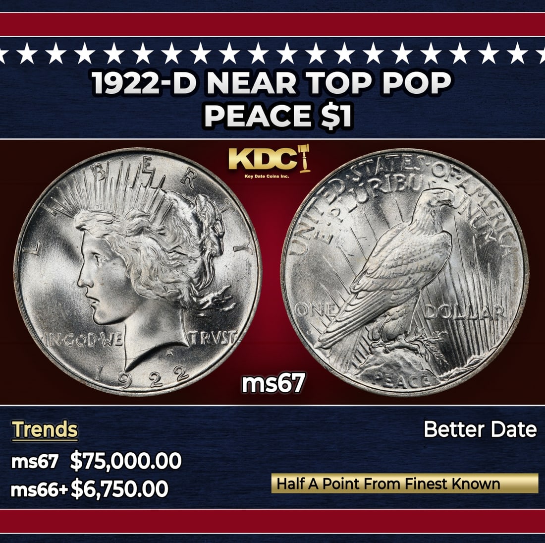 1922-d Peace Dollar Near Top Pop $1 ms67 SEGS: 1922-d Near Top Pop Peace Dollar $1 ms67 SEGS. Historic precious metal trends is causing increased spot pricing by the day. On auctions with set openings, we are doing our best to have items priced at