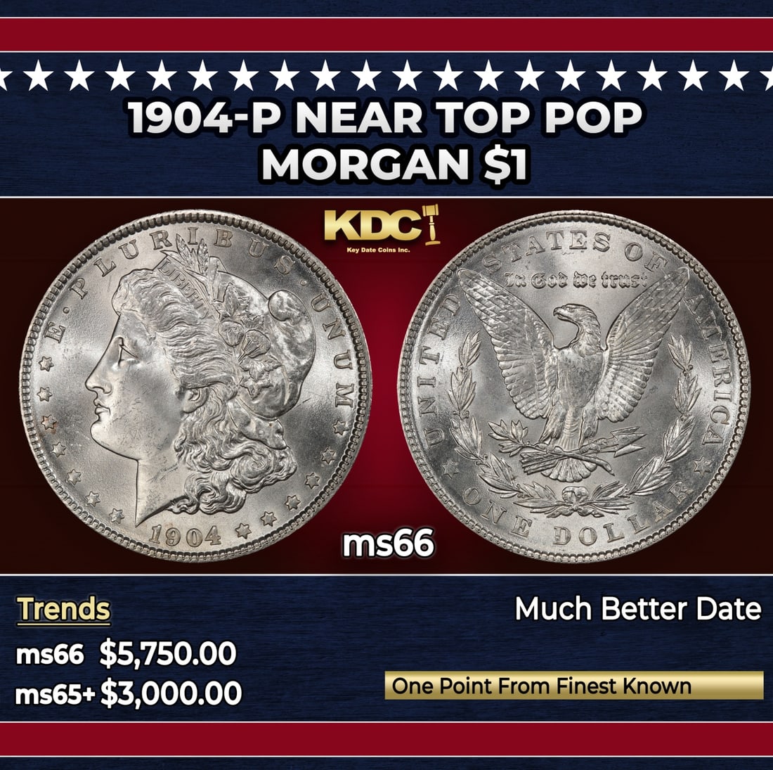 1904-p Morgan Dollar Near Top Pop $1 ms66 SEGS: 1904-p Near Top Pop Morgan Dollar $1 ms66 SEGS. Historic precious metal trends is causing increased spot pricing by the day. On auctions with set openings, we are doing our best to have items priced a