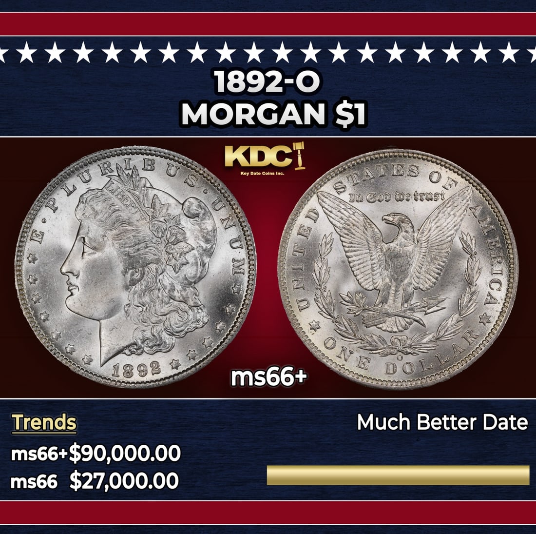 1892-o Morgan Dollar $1 ms66+ SEGS: 1892-o Morgan Dollar $1 ms66+ SEGS. Historic precious metal trends is causing increased spot pricing by the day. On auctions with set openings, we are doing our best to have items priced at their mark