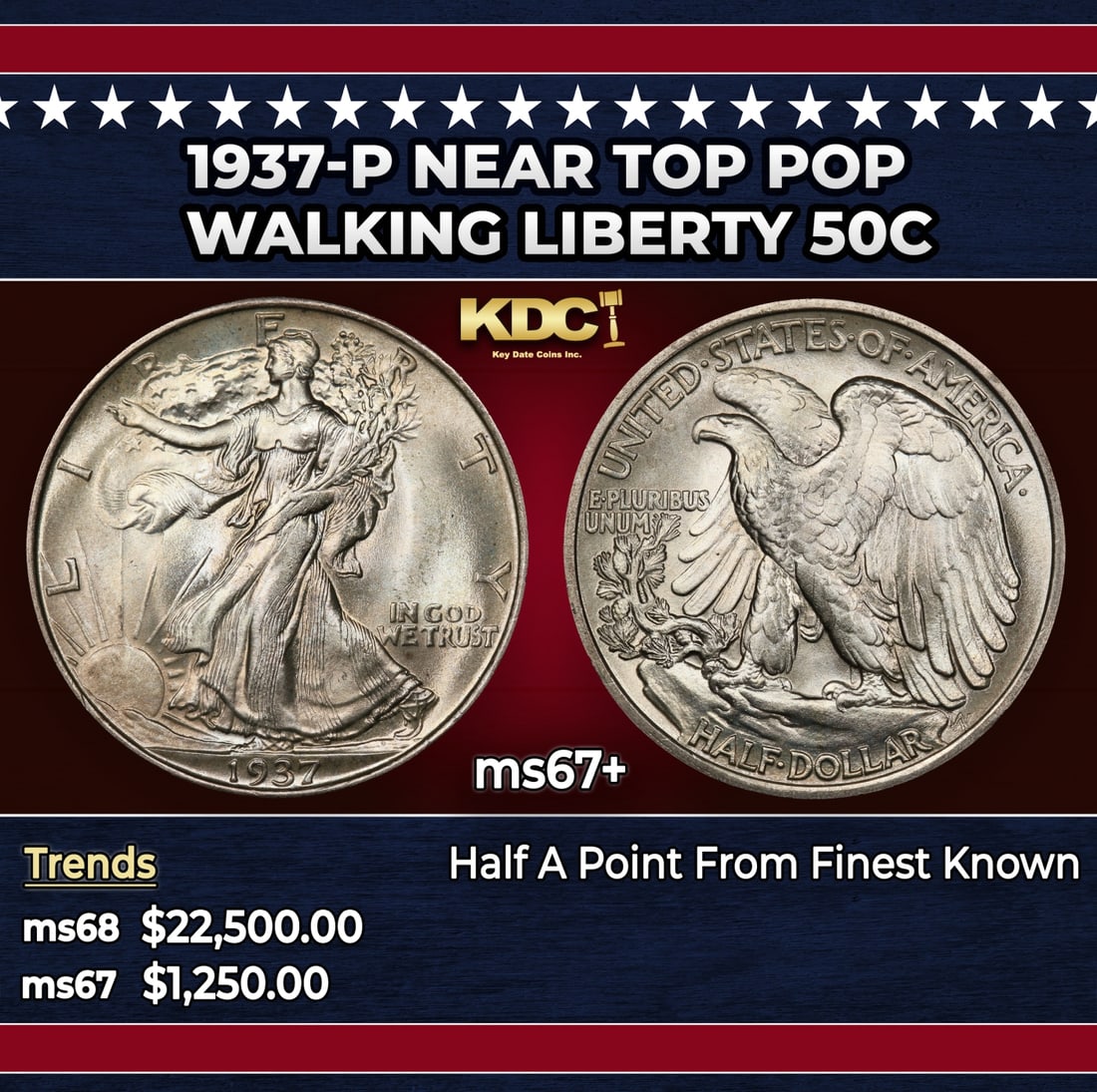 1937-p Walking Liberty Half Dollar Near Top Pop 50c ms67+ SEGS: 1937-p Near Top Pop Walking Liberty Half Dollar 50c ms67+ SEGS. Historic precious metal trends is causing increased spot pricing by the day. On auctions with set openings, we are doing our best to hav