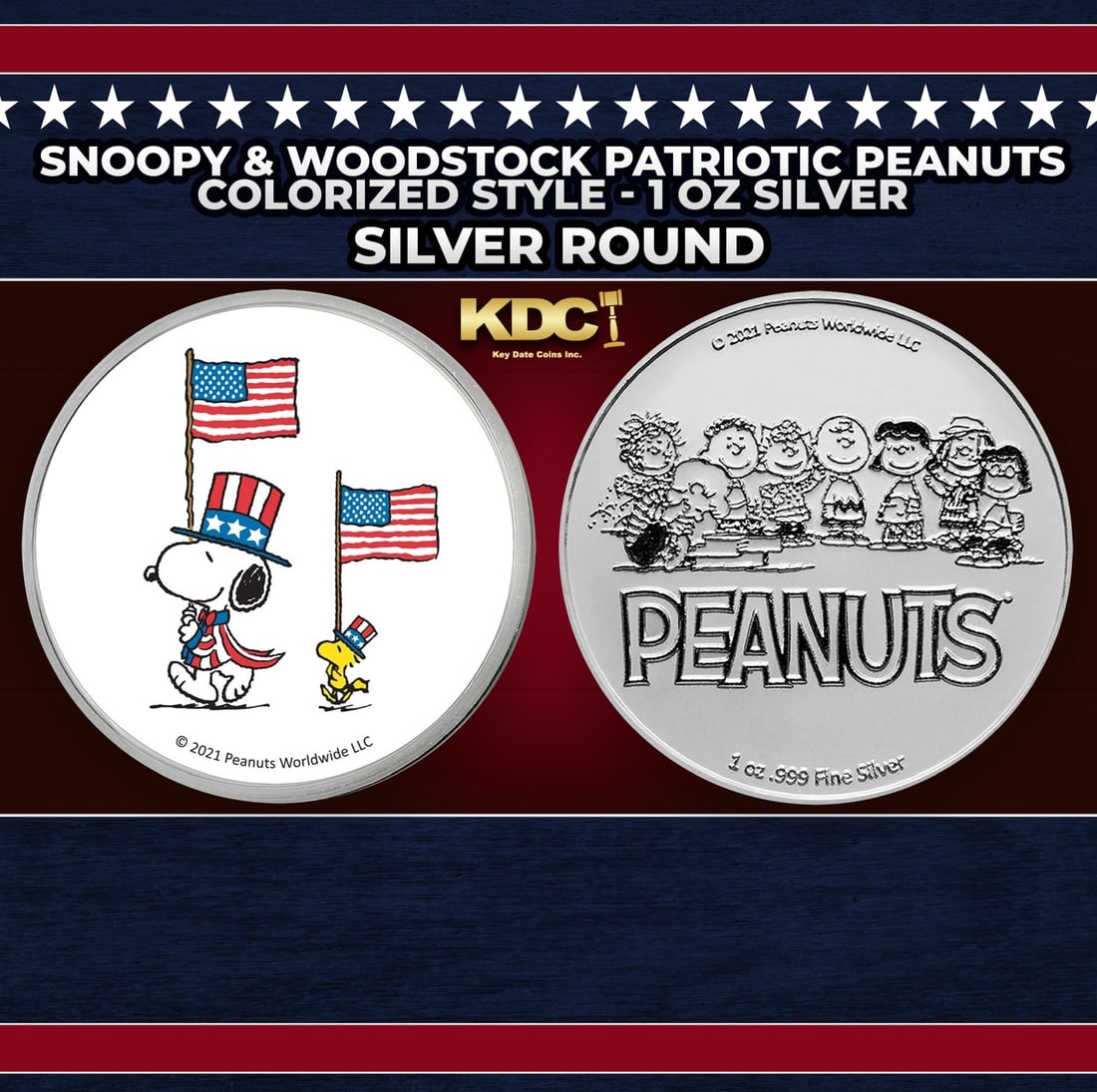 Snoopy & Woodstock Patriotic Peanuts Colorized Style - 1 oz Silver Round Round: Snoopy & Woodstock Patriotic Peanuts Colorized Style - 1 oz Silver Round. Now you can collect all of the classic Peanuts characters on these officially licensed colorized silver rounds! Contains 1oz o