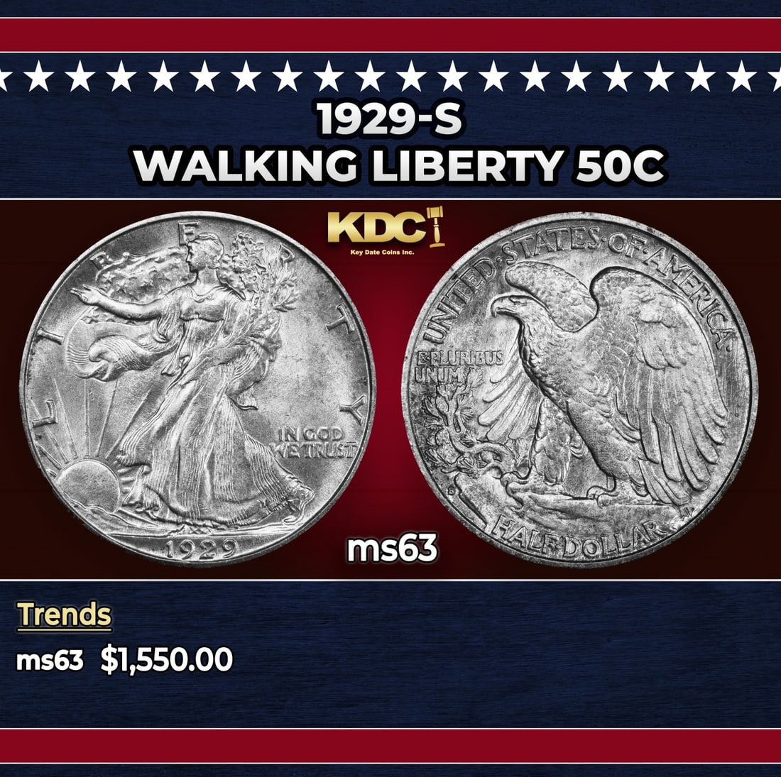 1929-s Walking Liberty Half Dollar 50c ms63 USCG: 1929-s Walking Liberty Half Dollar 50c ms63 USCG. Historic precious metal trends is causing increased spot pricing by the day. On auctions with set openings, we are doing our best to have items priced