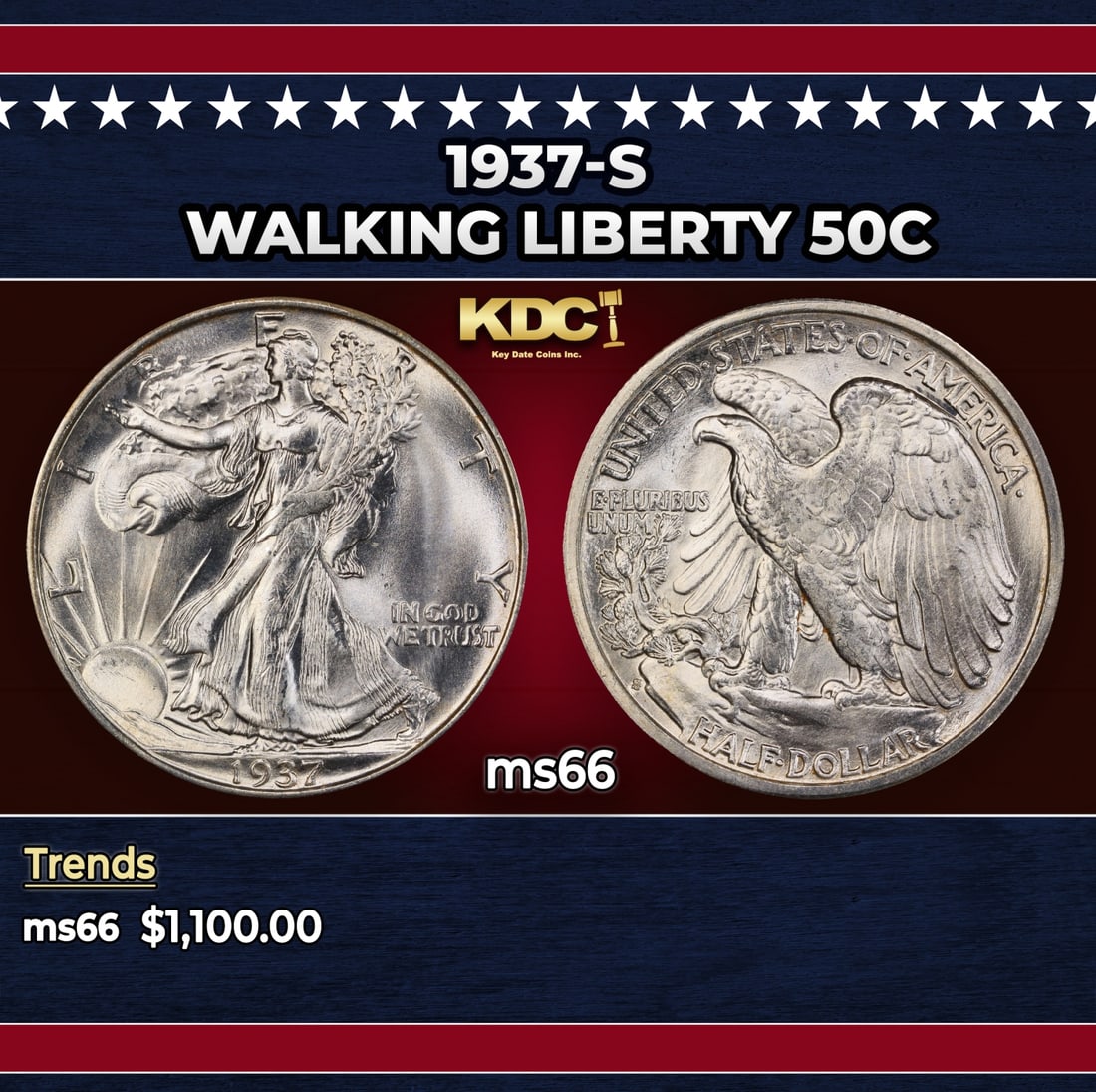 1937-s Walking Liberty Half Dollar 50c ms66 SEGS: 1937-s Walking Liberty Half Dollar 50c ms66 SEGS. Historic precious metal trends is causing increased spot pricing by the day. On auctions with set openings, we are doing our best to have items priced