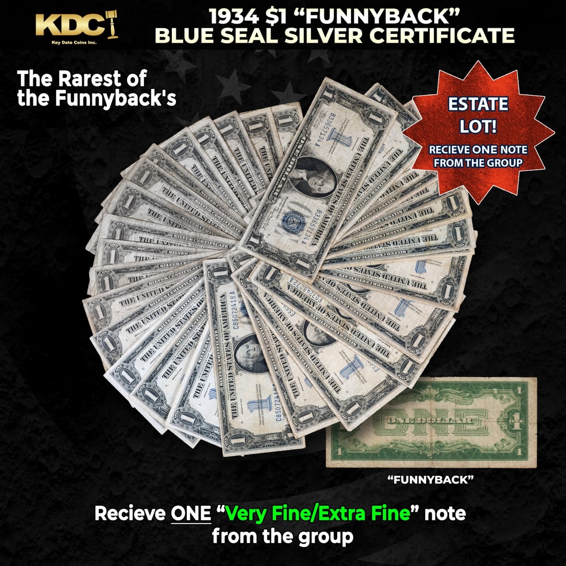 1x 1934 $1 Funnyback Blue Seal Silver Certificate Grades VF/XF: 1x 1934 $1 Funnyback Blue Seal Silver Certificate Grades VF/XF. This note features the familiar portrait of George Washington that was used on all of our $1 bills through to today, and the back shows