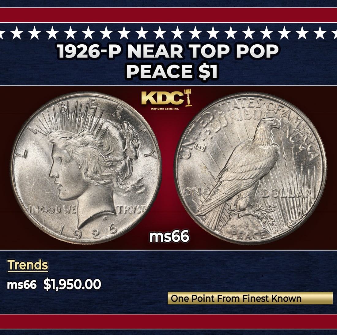 1926-p Peace Dollar Near Top Pop $1 ms66 SEGS: 1926-p Near Top Pop Peace Dollar $1 ms66 SEGS. Historic precious metal trends is causing increased spot pricing by the day. On auctions with set openings, we are doing our best to have items priced at