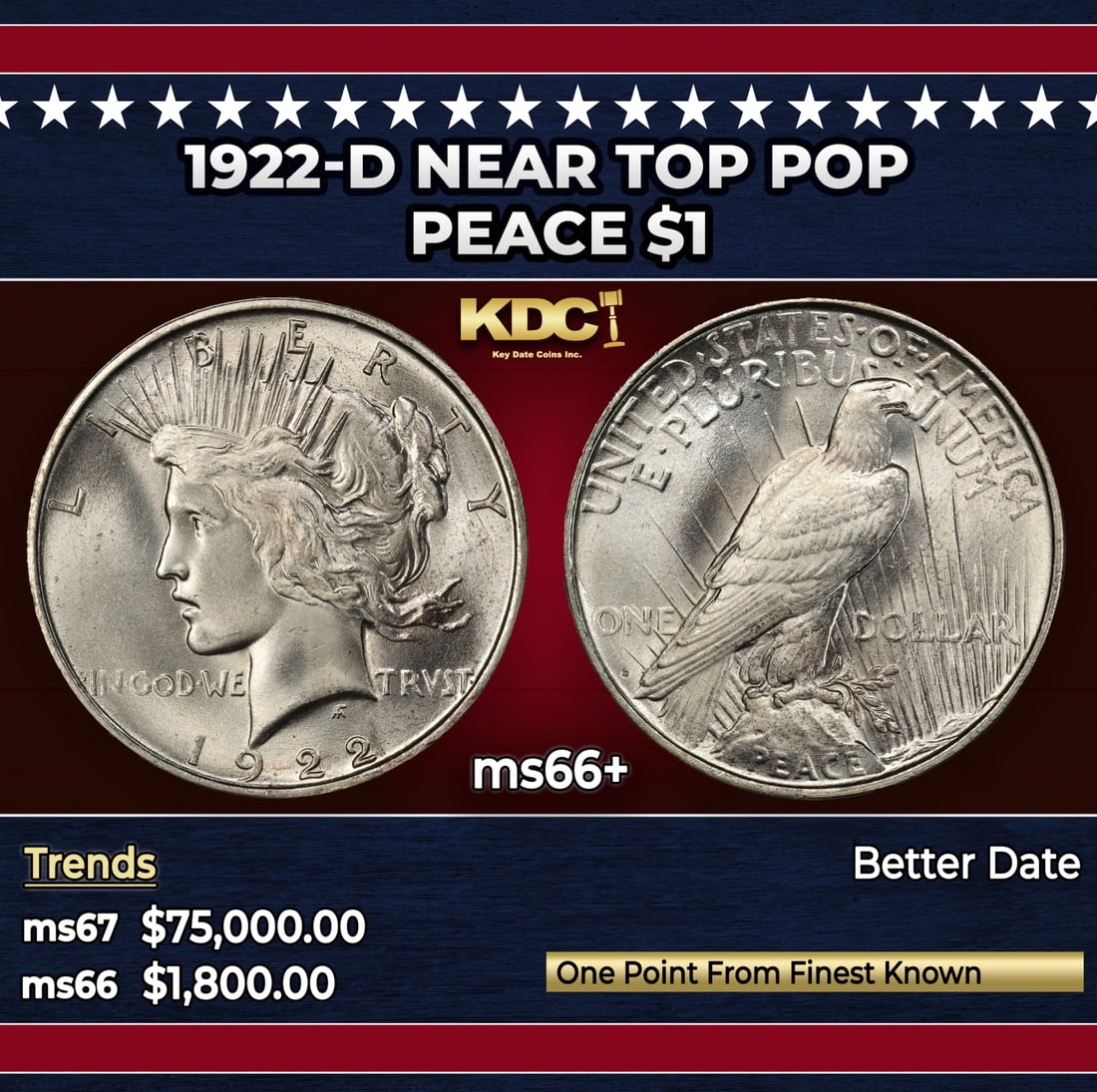 1922-d Peace Dollar Near Top Pop $1 ms66+ SEGS: 1922-d Near Top Pop Peace Dollar $1 ms66+ SEGS. Historic precious metal trends is causing increased spot pricing by the day. On auctions with set openings, we are doing our best to have items priced a