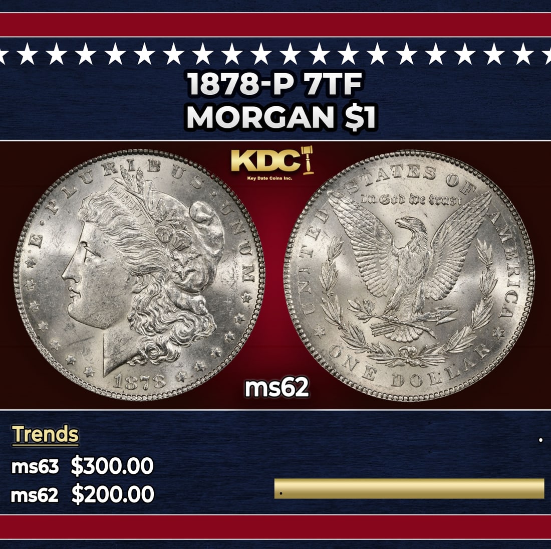 1878-p 7tf Morgan Dollar $1 Grades ms62: 1878-p 7tf Morgan Dollar $1 Grades ms62. Historic precious metal trends is causing increased spot pricing by the day. On auctions with set openings, we are doing our best to have items priced at their