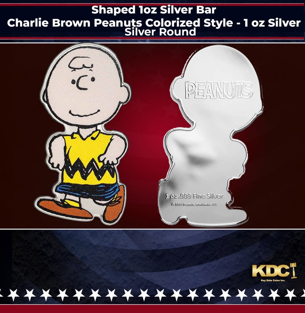 Shaped 1oz Silver Bar - Charlie Brown Peanuts Colorized Style - 1 oz Silver Round Round: Shaped 1oz Silver Bar - Charlie Brown Peanuts Colorized Style - 1 oz Silver Round. This unique 1oz Silver bar is shaped to the outline of Charlie Brown and features an officially licensed colorized im