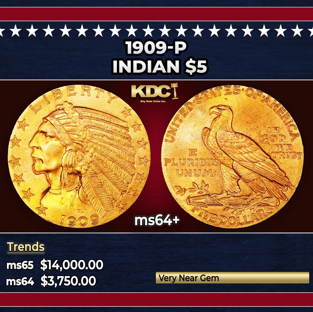 1909-p Gold Indian Half Eagle $5 ms64+ USCG (1 of 3)