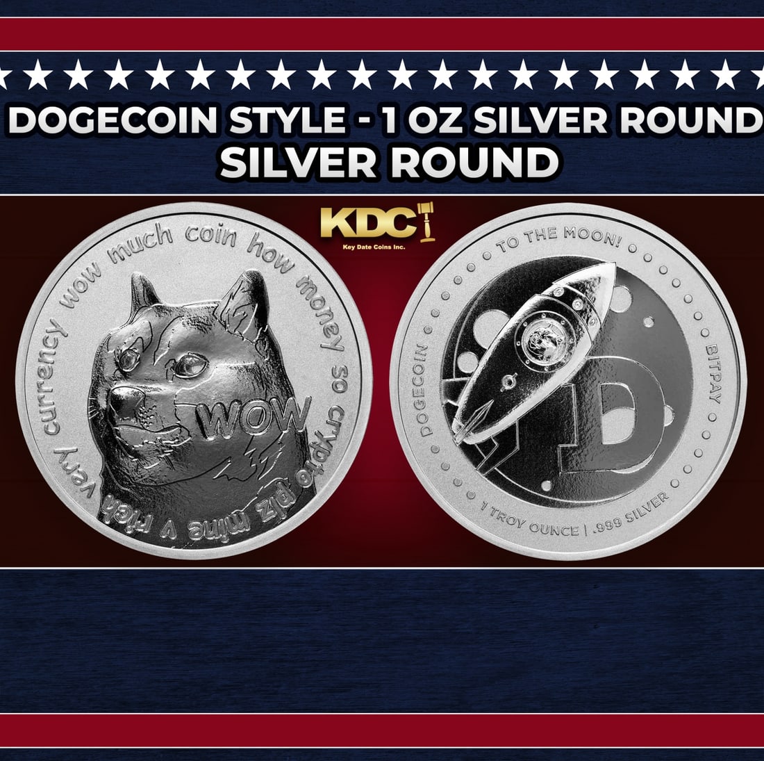 Dogecoin Style - 1 oz Silver Round Round: Dogecoin Style - 1 oz Silver Round. Developed along with BitPay, these cryptocurrency themed bullion rounds are a great way to add physical Silver to your assets. Obverse: Features the instantly-recog