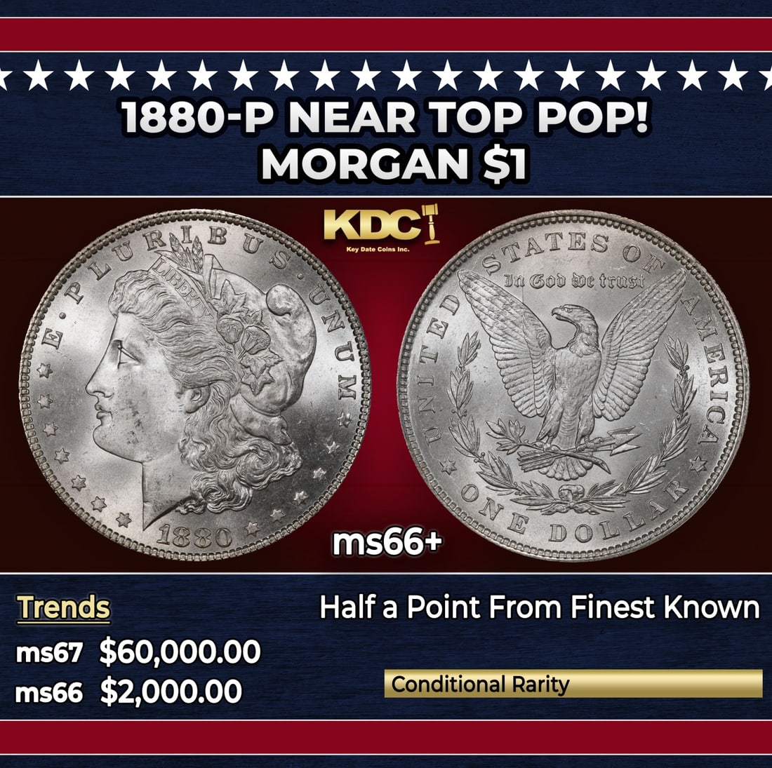 1880-p Morgan Dollar Near Top Pop! $1 ms66+ SEGS: 1880-p Near Top Pop! Morgan Dollar $1 ms66+ SEGS. Each side of this top-certified Registry coin remains wholly brilliant with vibrant cartwheel luster. The fields and cheek are clean.Historic precious