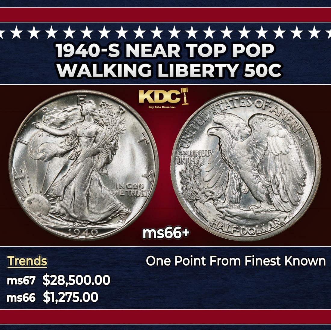 1940-s Walking Liberty Half Dollar Near Top Pop 50c ms66+ SEGS: 1940-s Near Top Pop Walking Liberty Half Dollar 50c ms66+ SEGS. Historic precious metal trends is causing increased spot pricing by the day. On auctions with set openings, we are doing our best to hav