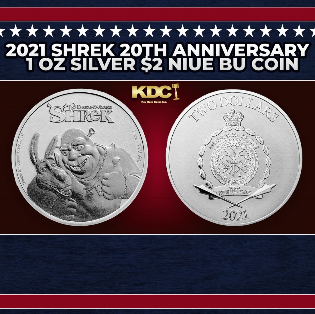 2021 Shrek 20th Anniversary 1 oz Silver $2 Niue BU Coin Round: 2021 Shrek 20th Anniversary 1 oz Silver $2 Niue BU Coin. This coin marks 20 years of everyone's favorite big green grumpy underdog. Shrek subverted standard fairytale hero tropes and had audiences rol