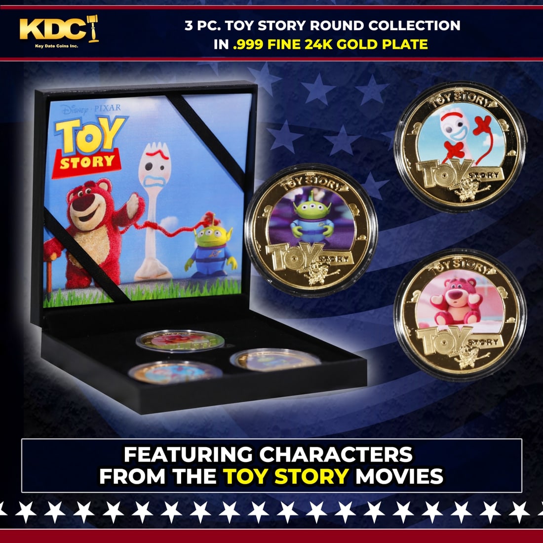 3 Coin Toy Story Gold Plated Round Collection In Custom Box W/ Special Backer card: 3 Coin Toy Story Gold Plated Round Collection In Custom Box W/ Special Backer card. Please Note All Backer Cards may have slight differences but will be very similar if not identical to the one in the