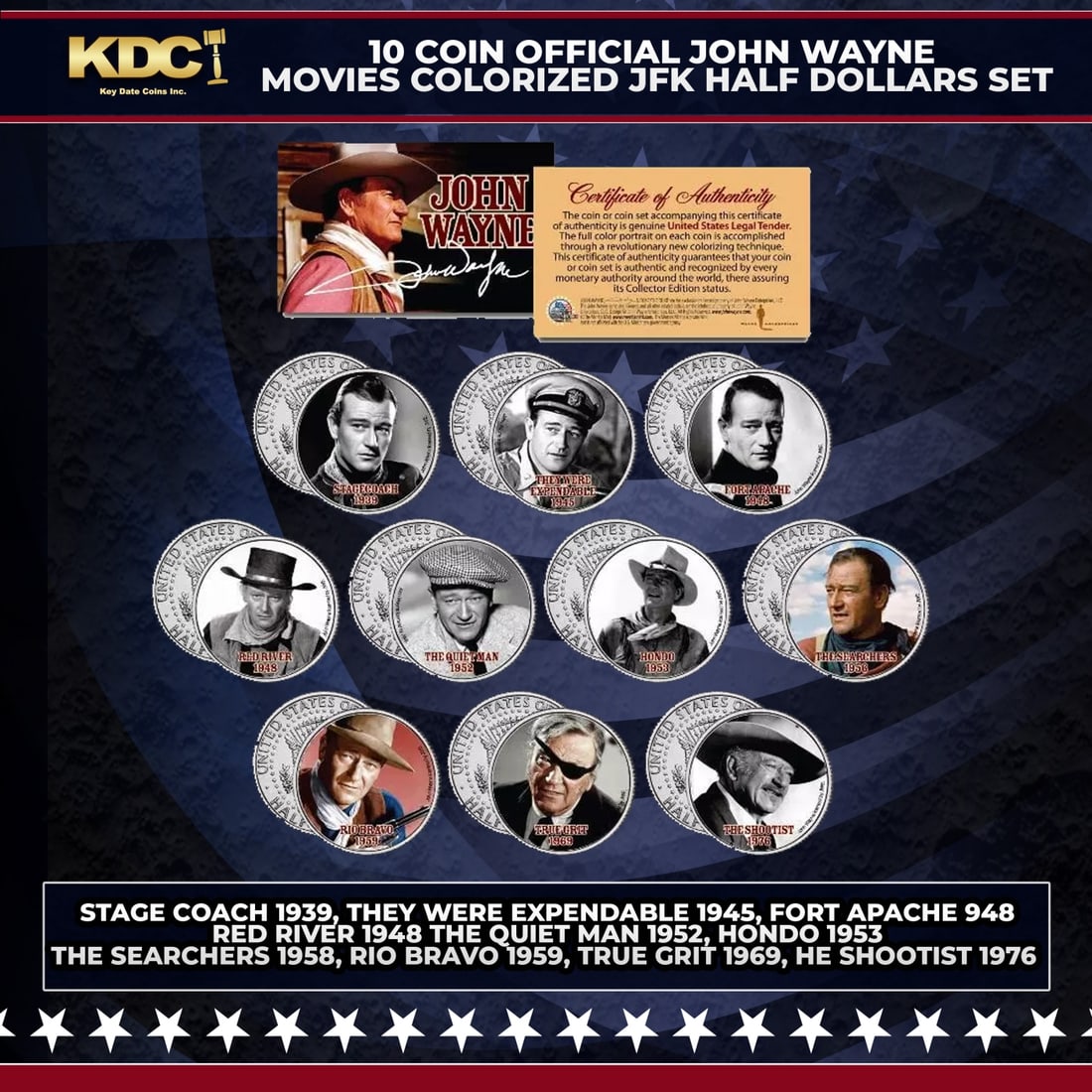 10 Coin Official John Wayne Movies Colorized JFK Half Dollars Set Other Toy: 10 Coin Official John Wayne Movies Colorized JFK Half Dollars Set. This complete 10-coin set of John Wayne Movie Coins is a must-have for collectors, merging the charm of classic westerns with the art