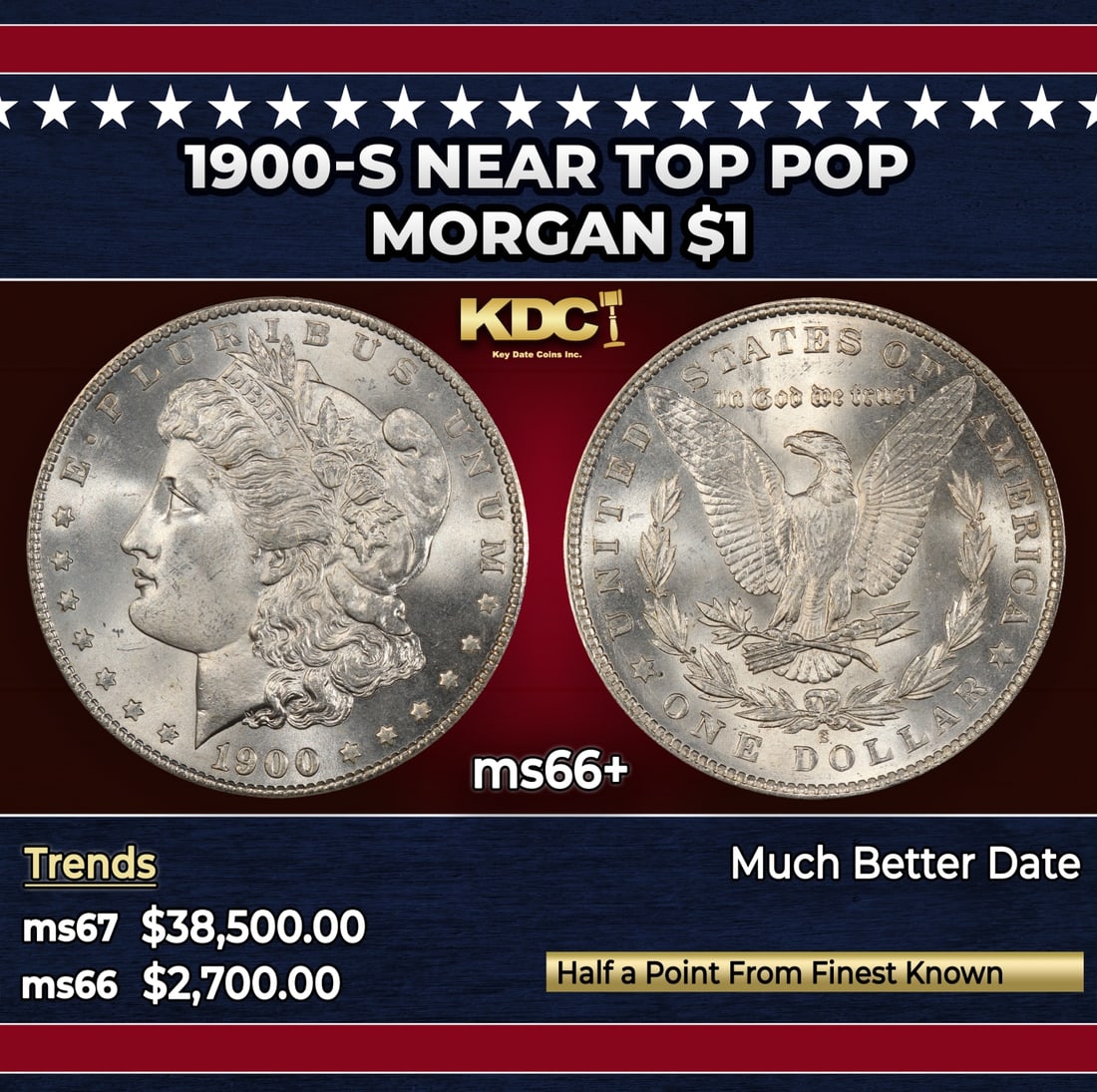 1900-s Morgan Dollar Near Top Pop $1 ms66+ SEGS: 1900-s Near Top Pop Morgan Dollar $1 ms66+ SEGS. Historic precious metal trends is causing increased spot pricing by the day. On auctions with set openings, we are doing our best to have items priced