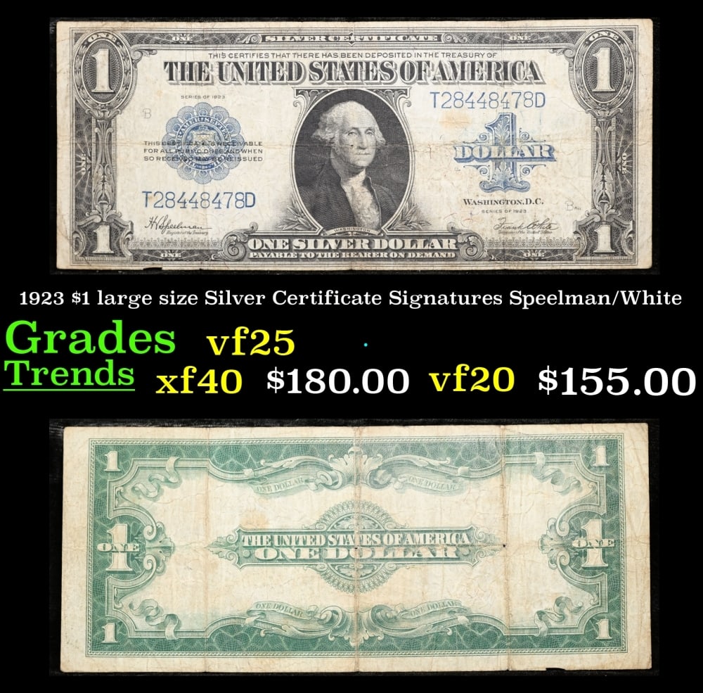1923 $1 large size Silver Certificate Grades vf+ Signatures Speelman/White: 1923 $1 large size Silver Certificate Grades vf+ Signatures Speelman/White. Fr-237 The term “horse blanket” gets used a lot when talking about large size currency. It is most frequently used t
